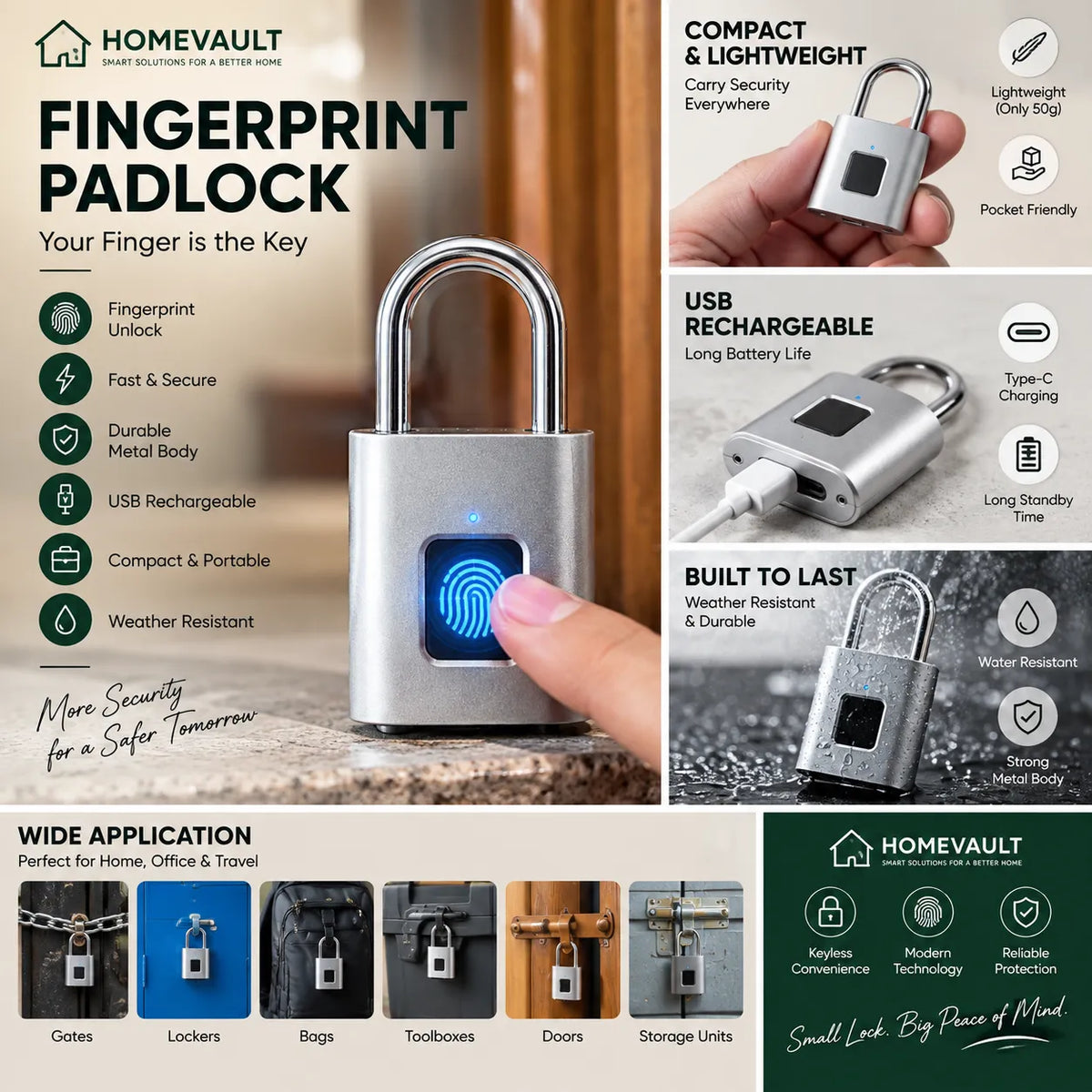 Smart Fingerprint Padlock – Keyless USB Rechargeable Security Lock