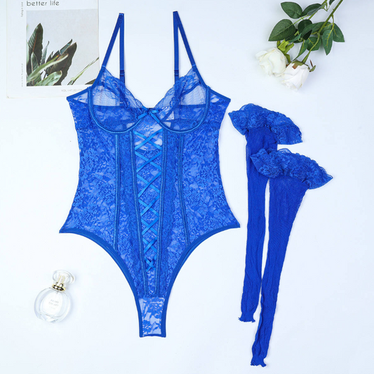 Midnight Blue Seductive Lace Bodysuit