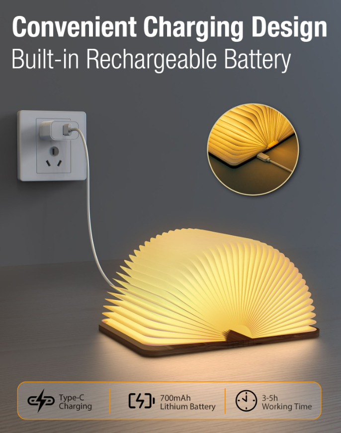 USB Rechargeable Wooden Folding Book Lamp